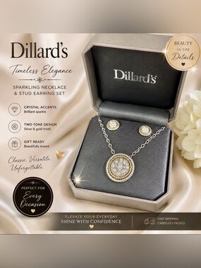 Dillard’s Two-Tone Silver & Gold Floral Pendant Necklace and Stud Earring Set